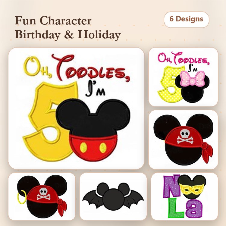 Applique Mickey Mouse Birthday Embroidery Bundle – Oh Toodles 5, Mickey Head with Bow, & More (6 Designs)