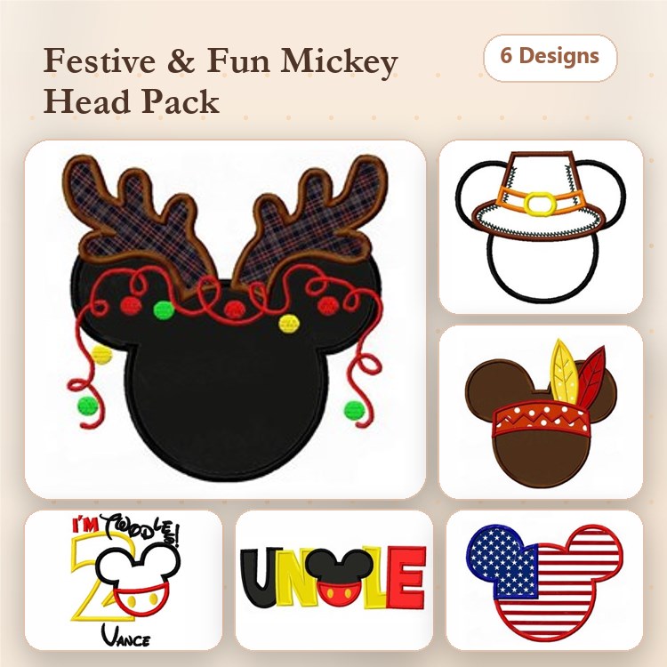 Applique Mickey Mouse Holiday Embroidery Bundle – Antlers, Hat, Turkey, & More (6 Designs)