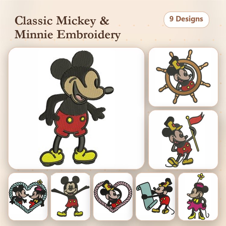 Classic Mickey and Minnie Embroidery Designs Bundle – Mickey Mouse Standing, Minnie Mouse with Heart & More (9 Designs)