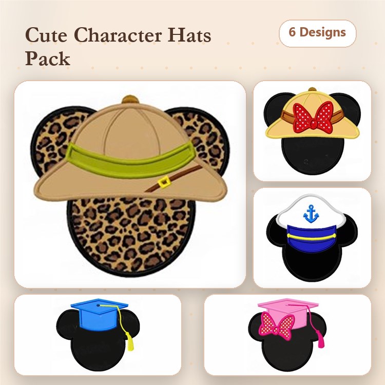 Applique Cute Character Hats Embroidery Bundle – Safari Hat, Graduation Cap, Red Bow Hat & More (6 Designs)