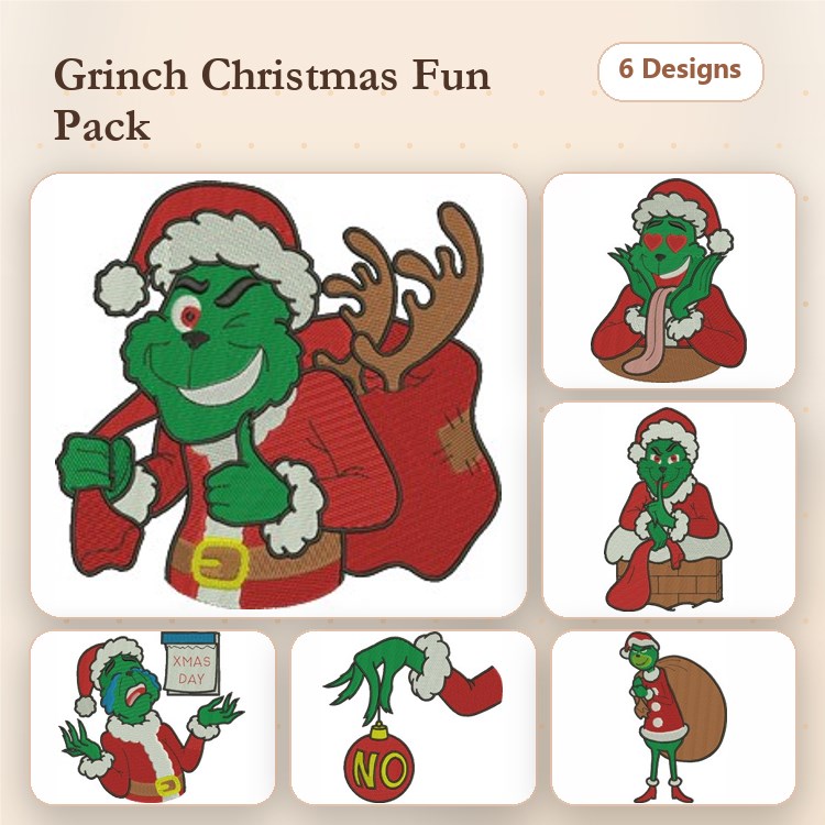Grinch Christmas Characters Embroidery Designs Bundle – Grinch with Sack, Grinch with Antlers, Grinch Sticking Out Tongue & More (6 Designs)