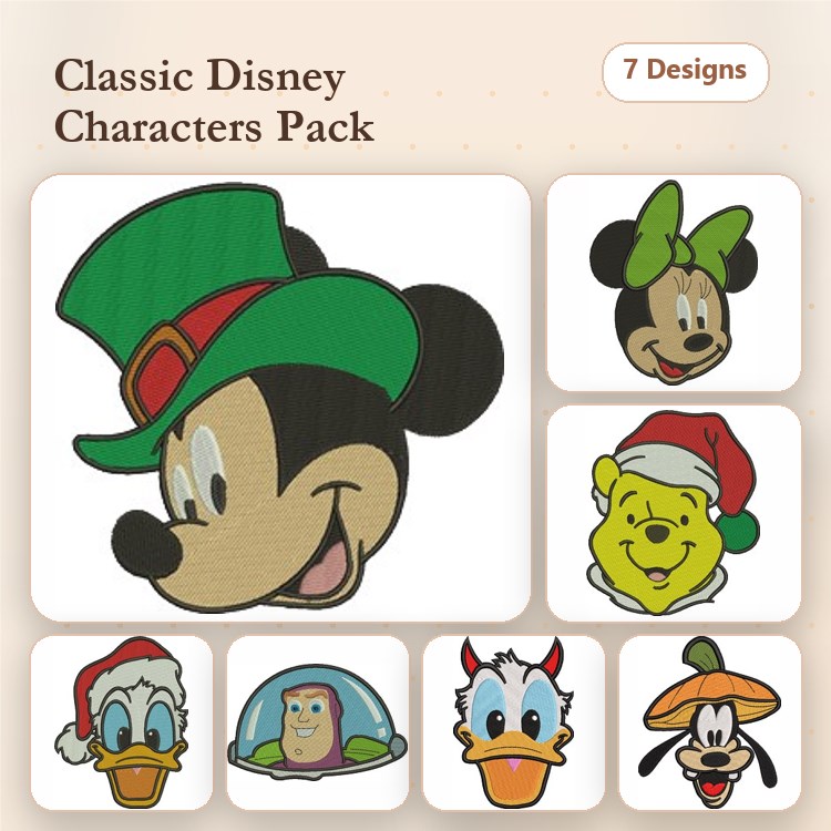 Classic Disney Characters Embroidery Bundle – Mickey Mouse, Minnie Mouse, Winnie the Pooh & More (7 Designs)