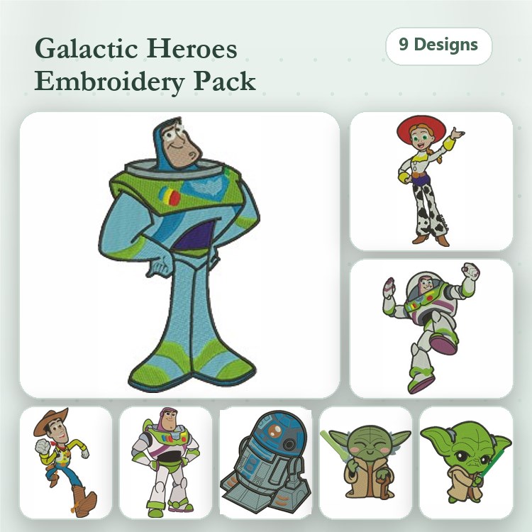 Galactic Heroes Embroidery Bundle – Buzz Lightyear, Woody, Jessie & More (9 Designs)