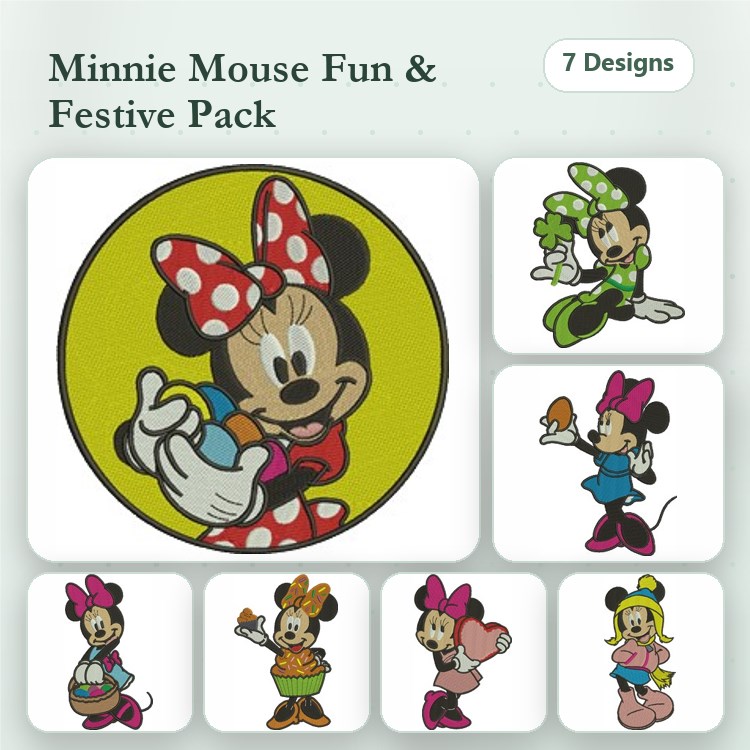 Minnie Mouse Embroidery Designs Bundle – With Eggs, Flower, Heart & More (7 Designs)