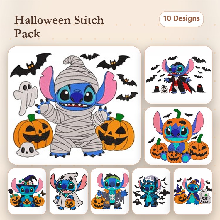 Halloween Characters Embroidery Bundle – Mummy Character, Pumpkin with Ghost, Bat Character & More (10 Designs)