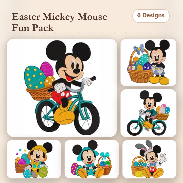 Mickey Mouse Easter Embroidery Designs Bundle – Bicycle with Eggs, Basket of Eggs, Decorating Eggs & More (6 Designs)