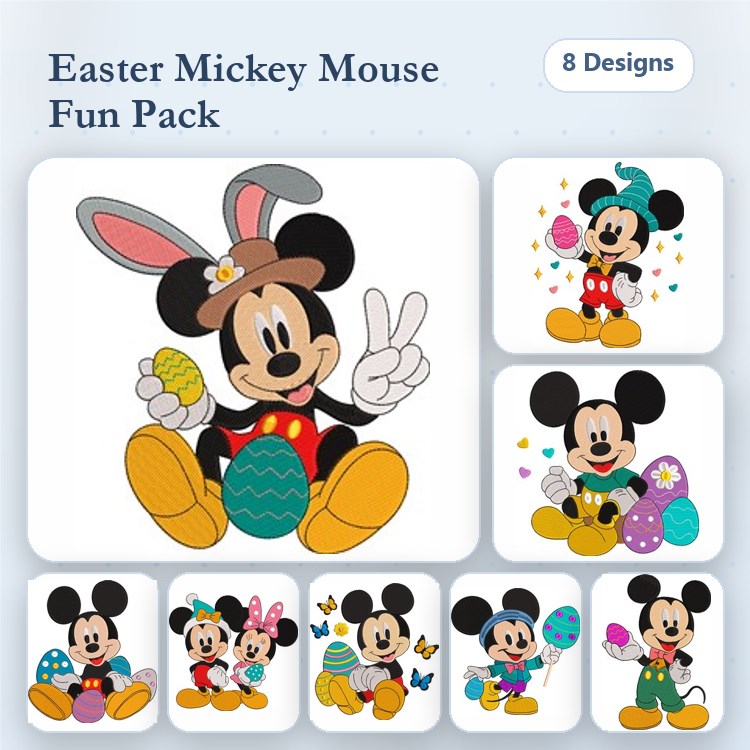 Easter Mickey Mouse Embroidery Designs Bundle – Mickey with Bunny Ears, Peace Sign, Eggs & More (8 Designs)