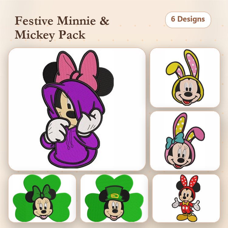 Festive Minnie and Mickey Embroidery Bundle – Minnie in Purple Hoodie, Bunny Ears, Shamrock & More (6 Designs)
