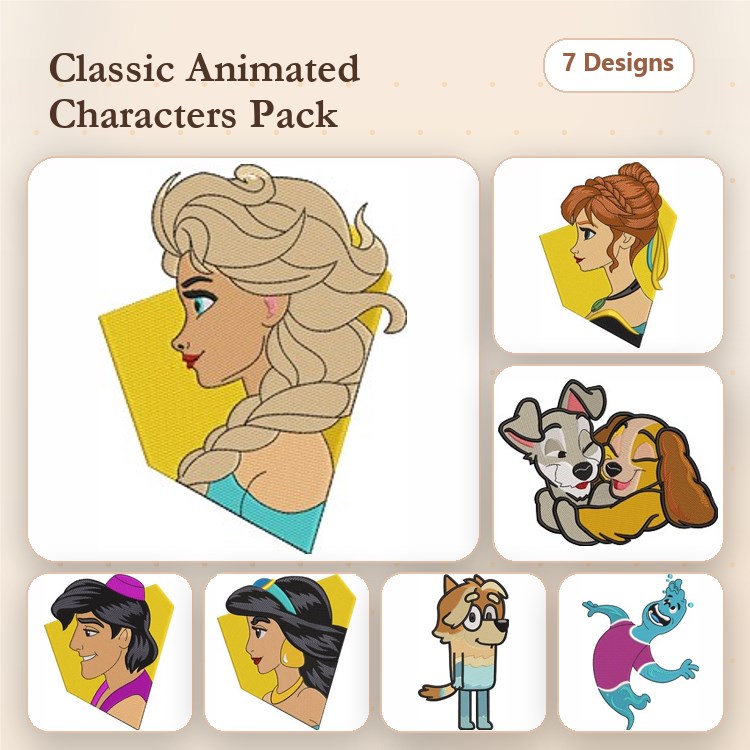 Disney Characters Embroidery Bundle – Elsa, Anna, and More (7 Designs)