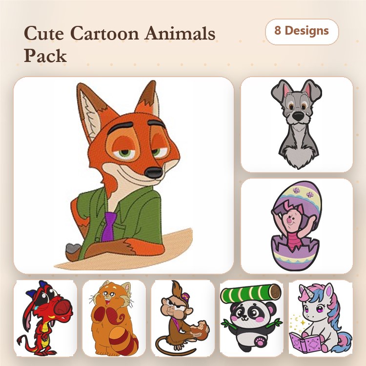 Cartoon Animals Embroidery Bundle – Fox, Dog, Easter Pig & More (8 Designs)