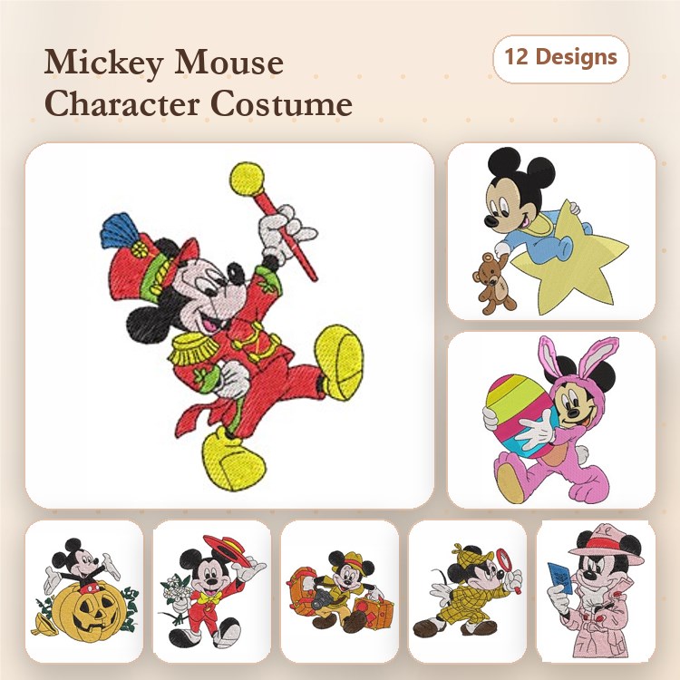 Mickey Mouse Character Costumes Embroidery Bundle – Clown, Bunny Costume, Teddy Bear & More (12 Designs)