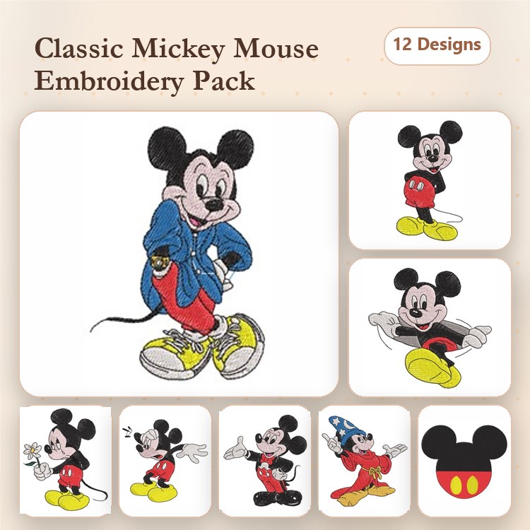 Classic Mickey Mouse Embroidery Bundle – Mickey in Blue Jacket, Running, with Wand & More (12 Designs)