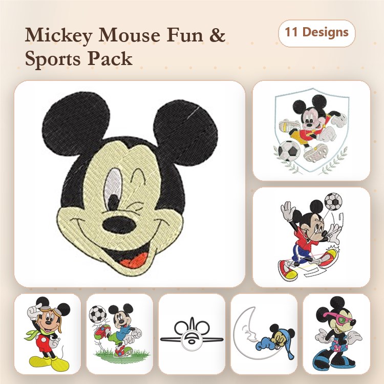 Mickey Mouse Sports Embroidery Designs Bundle – Smiling, Soccer, Basketball & More (11 Designs)