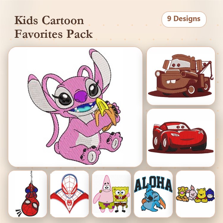 Kids Cartoon Characters Embroidery Bundle – Stitch with Banana, Lightning McQueen, Tow Mater & More (9 Designs)