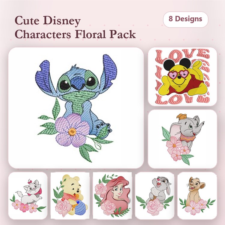 Disney Characters with Floral Elements Embroidery Bundle – Stitch, Pooh, Ariel, Dumbo & More (8 Designs)