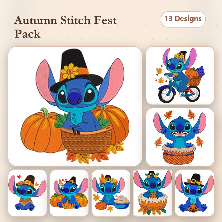 Stitch Autumn Characters Embroidery Designs Bundle – Pumpkin Basket, Bicycle, Fall Leaves & More (13 Designs)