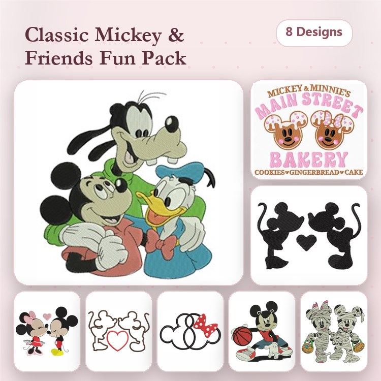 Mickey and Friends Embroidery Designs Bundle – Mickey Mouse, Minnie Mouse with Heart, Goofy & More (8 Designs)
