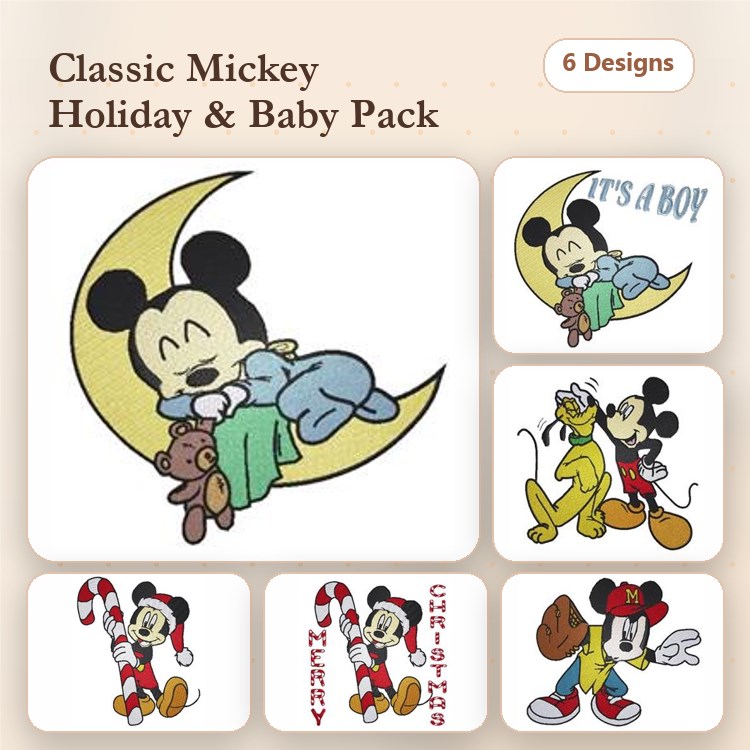 Mickey Mouse Holiday Embroidery Designs Bundle – Mickey Sleeping on Moon, Mickey with Candy Cane, & More (6 Designs)