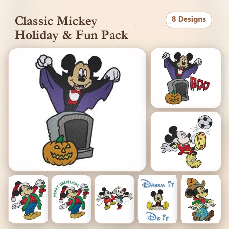 Mickey Mouse Holiday Embroidery Designs Bundle – Vampire, Pumpkin, Christmas & More (8 Designs)
