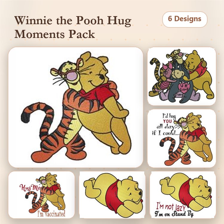 Winnie the Pooh & Tiger Friendship Embroidery Designs Bundle – Hugging Poses, Cute Quotes & More (6 Designs)