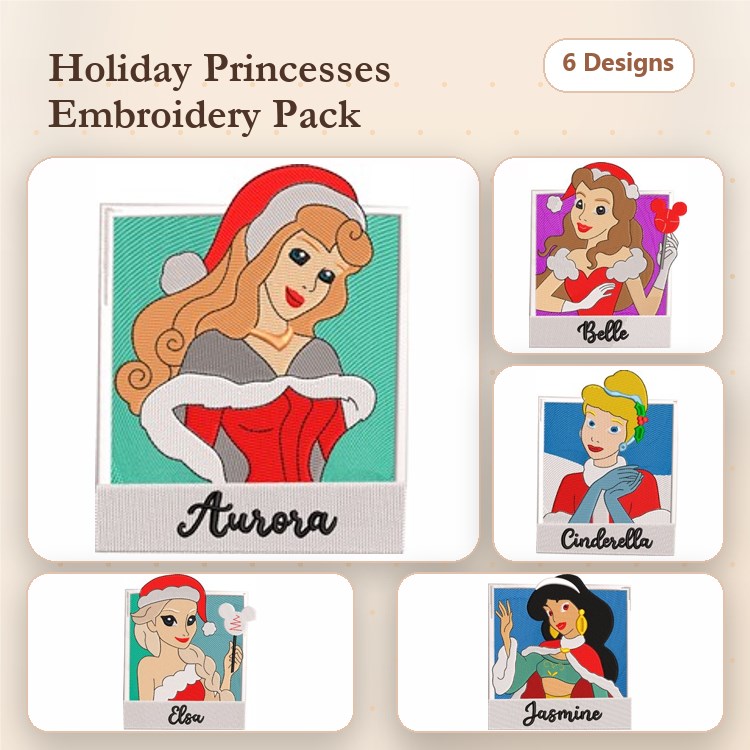 Holiday Princesses Embroidery Designs Bundle – Aurora in Santa Hat, Belle in Red Dress, Cinderella in Blue Dress & More (6 Designs)