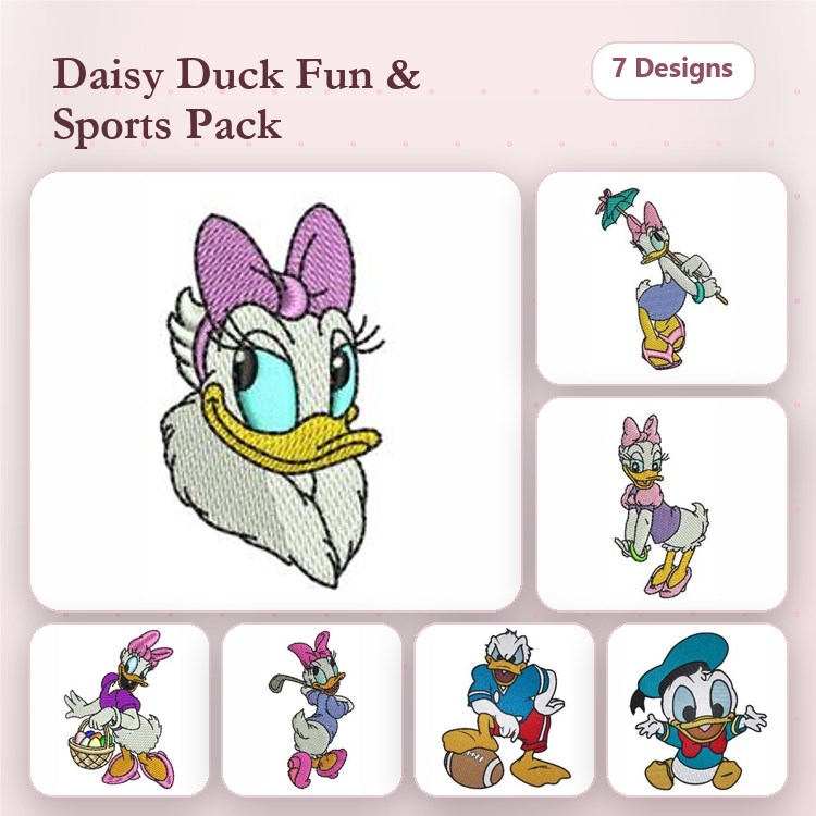 Daisy Duck Characters Embroidery Bundle – Daisy with Bow, Daisy in Sports Attire, Donald Duck & More (7 Designs)