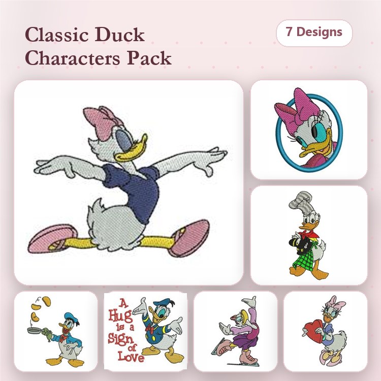Classic Duck Characters Embroidery Bundle – Daisy Duck Dancer, Donald Duck Chef, Goofy in Costume & More (7 Designs)
