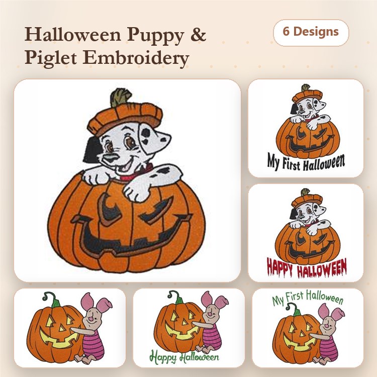 Pumpkin & Halloween Embroidery Bundle – Cat, Pig & More (6 Designs)