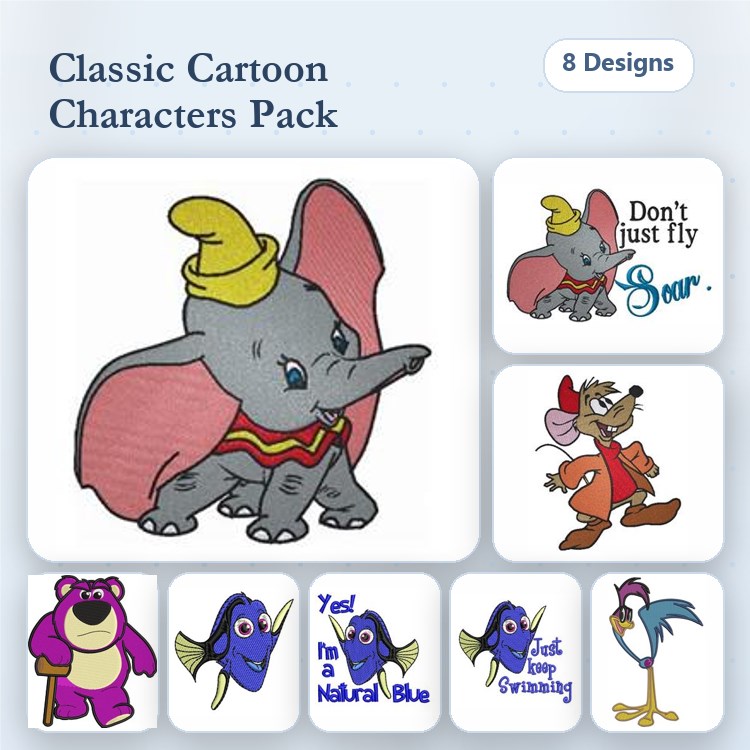 Classic Cartoon Characters Embroidery Bundle – Dumbo, Bear Character, Fish Character & More (8 Designs)