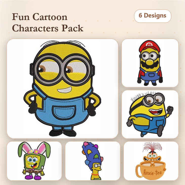 Cartoon Characters Embroidery Designs Bundle – Minion, Mario, SpongeBob, Bunny & More (6 Designs)