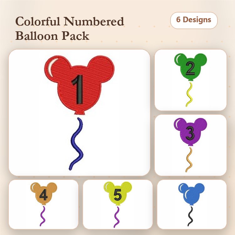 Colorful Balloon Embroidery Designs Bundle – Red, Green, Blue, Yellow & More (6 Designs)