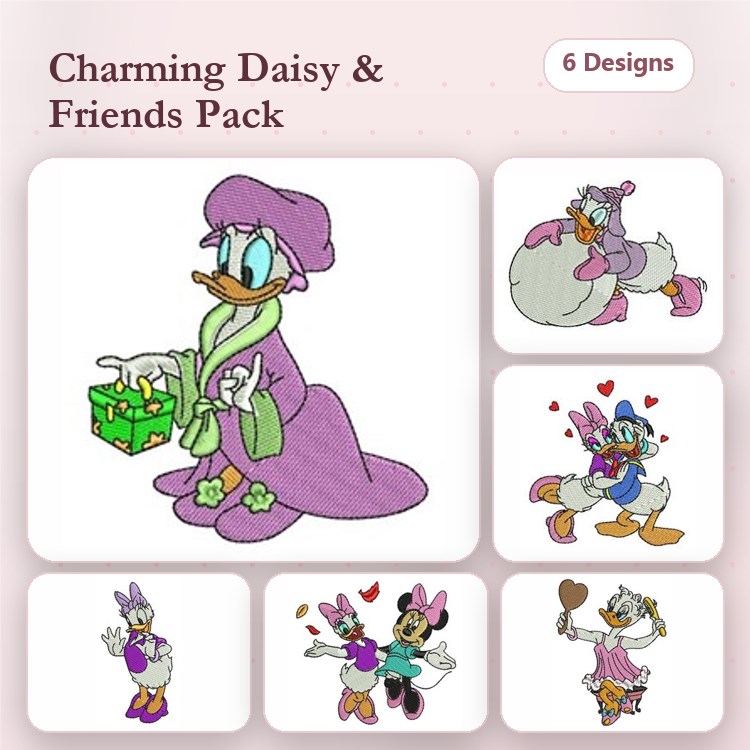 Daisy Duck and Friends Embroidery Bundle – Daisy Duck with Gift, Minnie Mouse with Hearts, Donald Duck with Balloons & More (6 Designs)