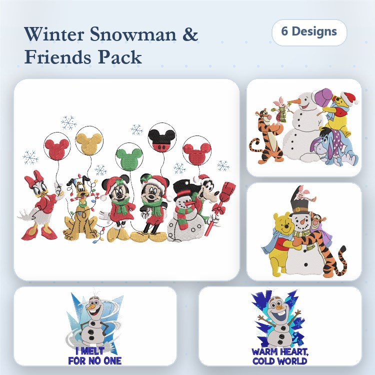 Winter Snowman & Friends Embroidery Bundle – Disney Characters (6 Designs)