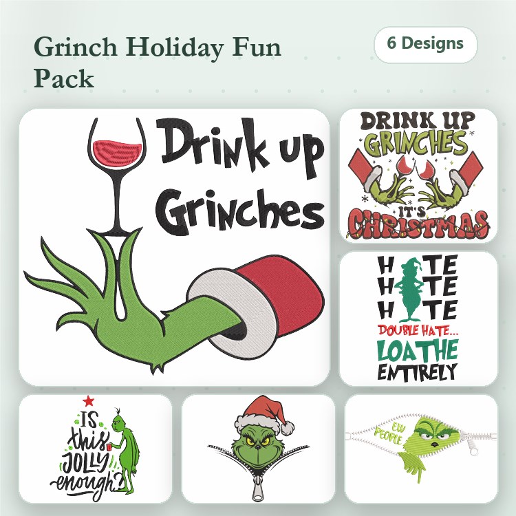 Grinch Holiday Fun Embroidery Bundle – Festive Designs (6 Designs)