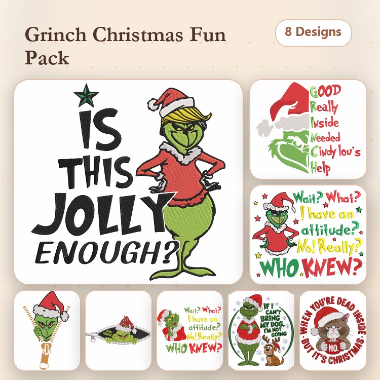 Grinch Christmas Embroidery Bundle – Fun Designs (8 Designs)