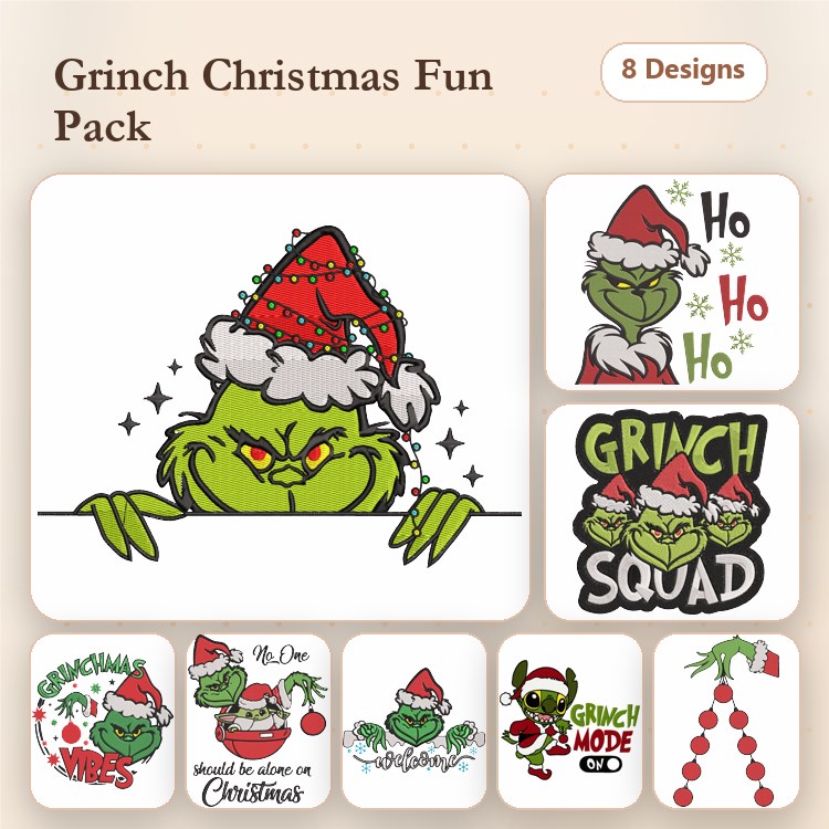 Grinch Christmas Embroidery Bundle – Fun Festive Designs (8 Designs)