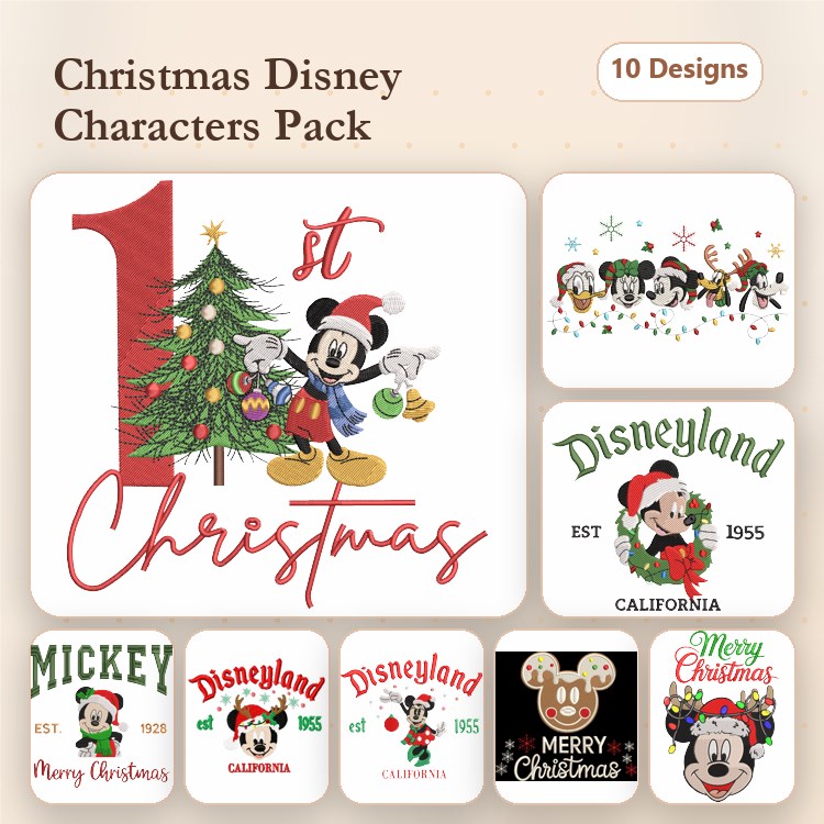 Mickey Mouse & Disney Christmas Embroidery Bundle – Festive Characters (10 Designs)