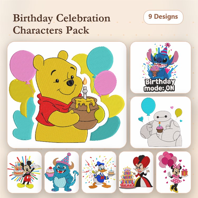 Winnie the Pooh & Friends Birthday Embroidery Bundle – Celebration Characters (9 Designs)