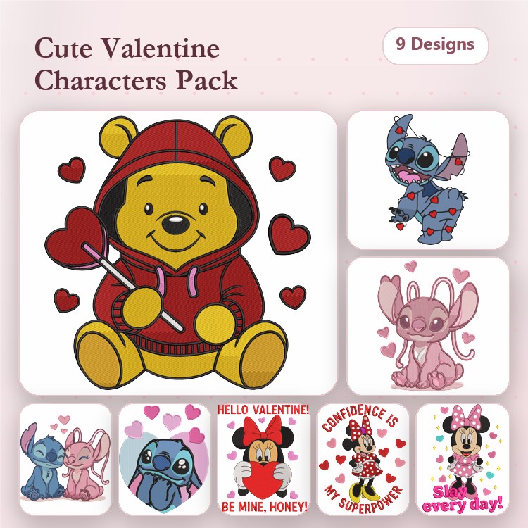 Winnie the Pooh & Stitch Valentine Embroidery Bundle – Cute Characters (9 Designs)