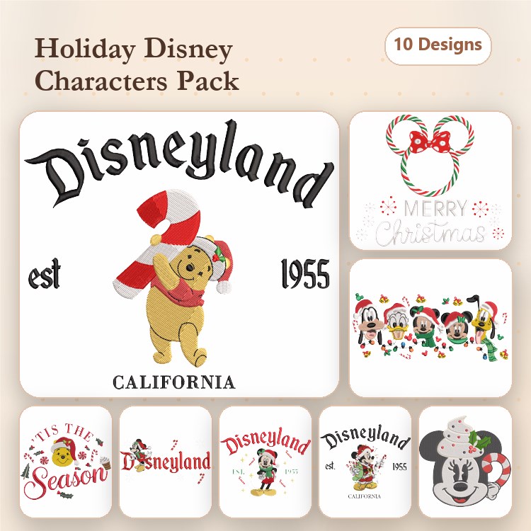 Mickey & Winnie the Pooh Holiday Embroidery Bundle – Disneyland Characters (10 Designs)