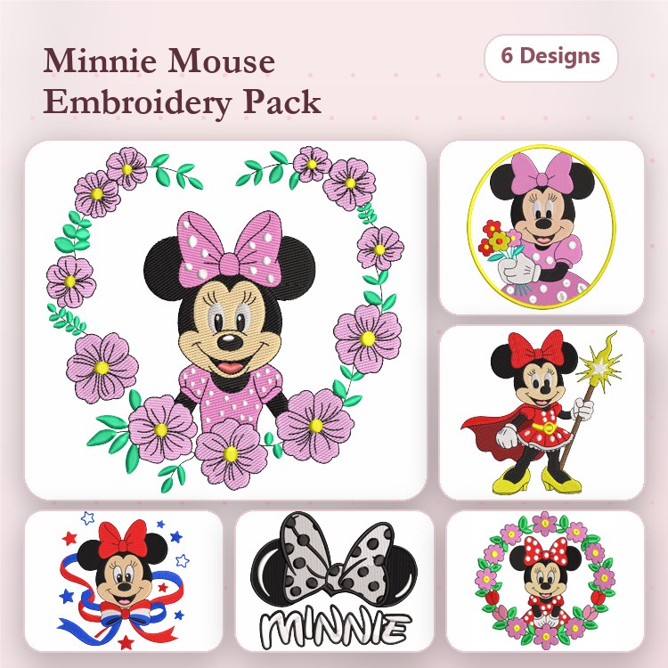 Minnie Mouse Embroidery Bundle – Floral & Character Designs (6 Designs)