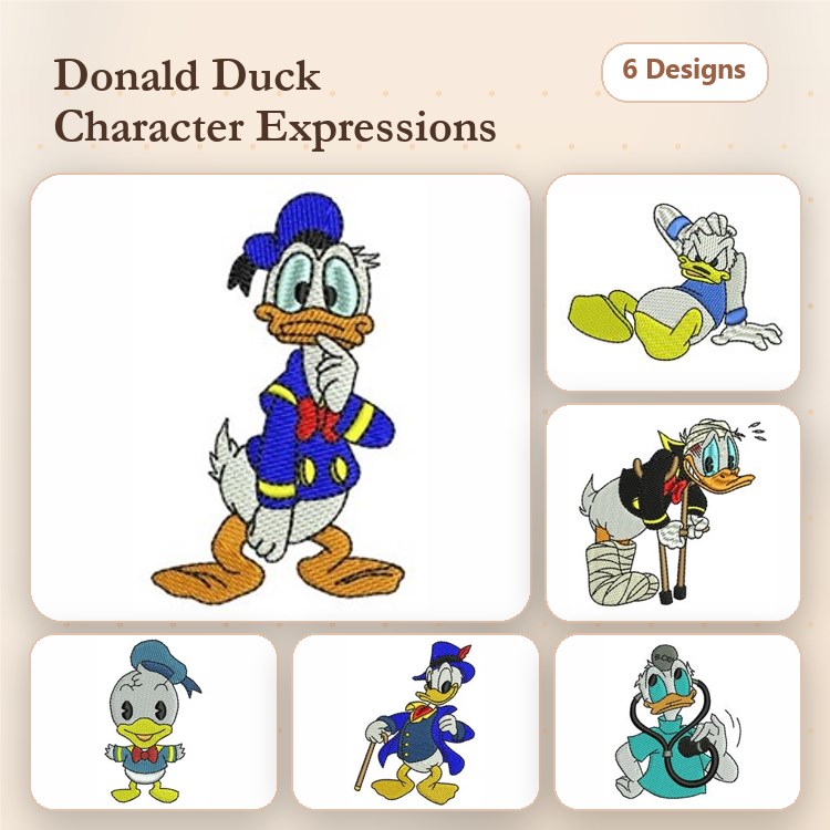 Donald Duck Character Expressions Embroidery Designs Bundle – Thinking, Sleeping, Crying, Happy & More (6 Designs)