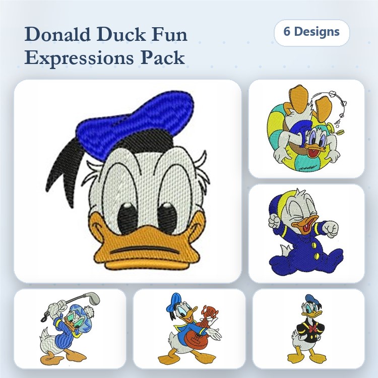 Donald Duck Expressions Embroidery Designs Bundle – Donald Duck Face, Dancing, Golf Club & More (6 Designs)
