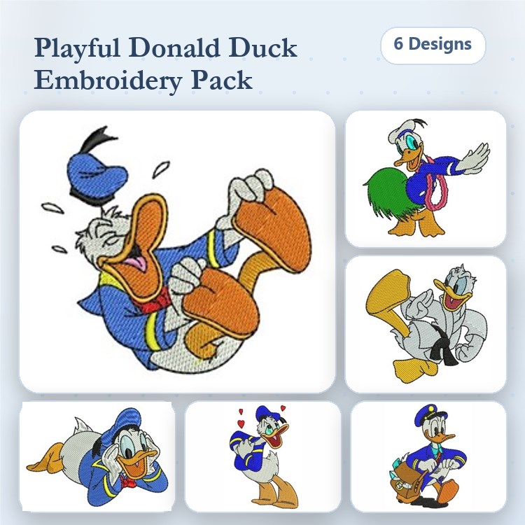 Playful Donald Duck Embroidery Designs Bundle – Laughing, Flowers, Heart & More (6 Designs)