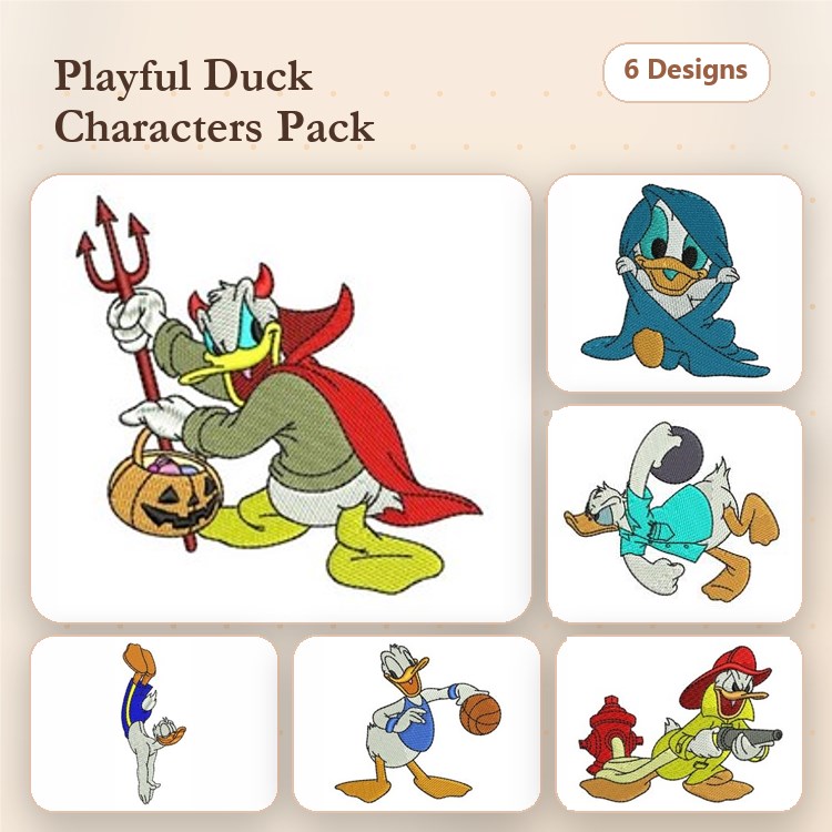 Playful Duck Characters Embroidery Designs Bundle – Donald Duck with Pumpkin, Red Cape, Basketball & More (6 Designs)
