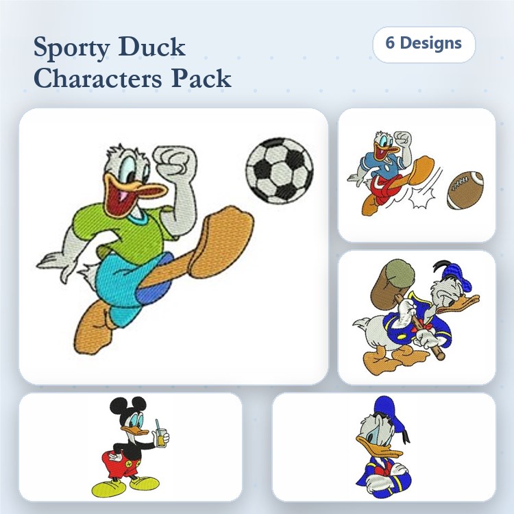 Sporty Duck Characters Embroidery Bundle – Soccer Ball, Football, Sports Jersey & More (6 Designs)
