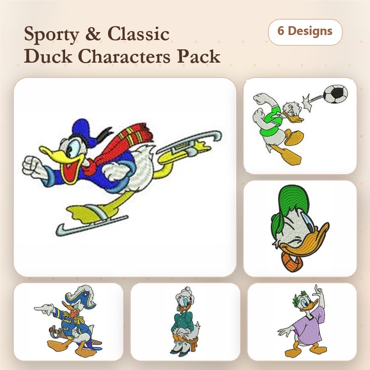 Sporty Duck Characters Embroidery Designs Bundle – Donald Duck Ice Skating, Goofy Duck with Flag, Duck in Disco Outfit & More (6 Designs)