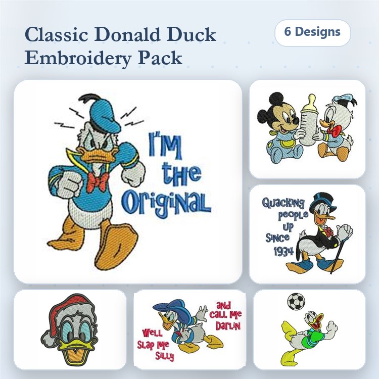 Classic Donald Duck Characters Embroidery Designs Bundle – Donald Duck with Bow Tie, Quacking People Up Since 1934 & More (6 Designs)