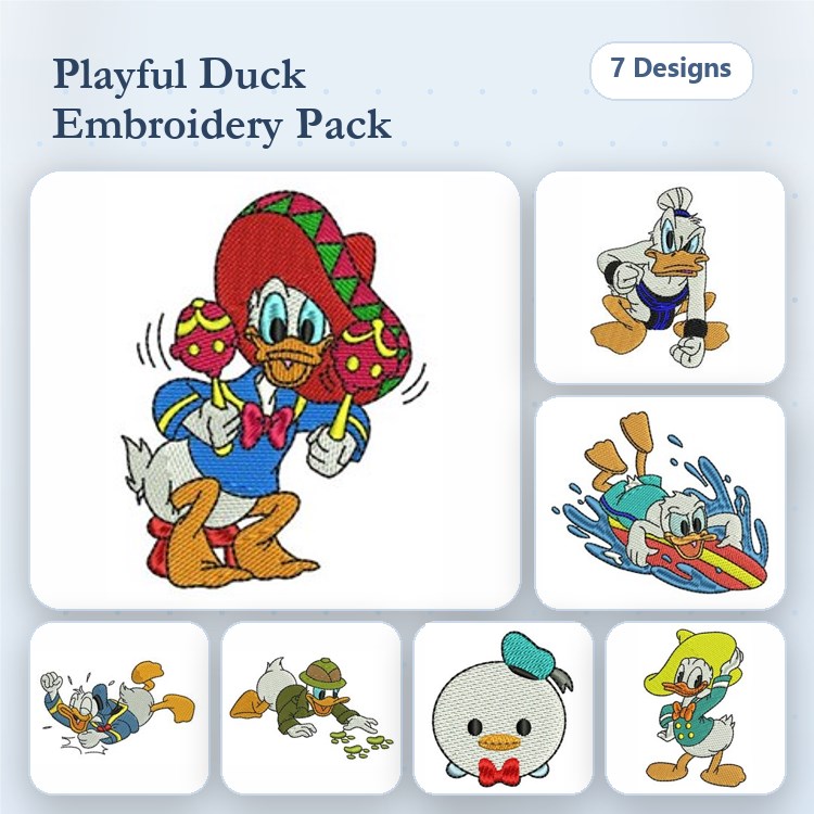 Playful Duck Characters Embroidery Designs Bundle – Duck with Maracas, Donald Duck Standing, Duck on Surfboard & More (7 Designs)