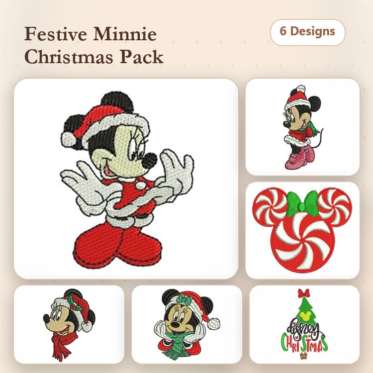 Minnie Mouse Christmas Embroidery Designs Bundle – Santa Outfit, Holiday Sweater, Peppermint Swirl & More (6 Designs)